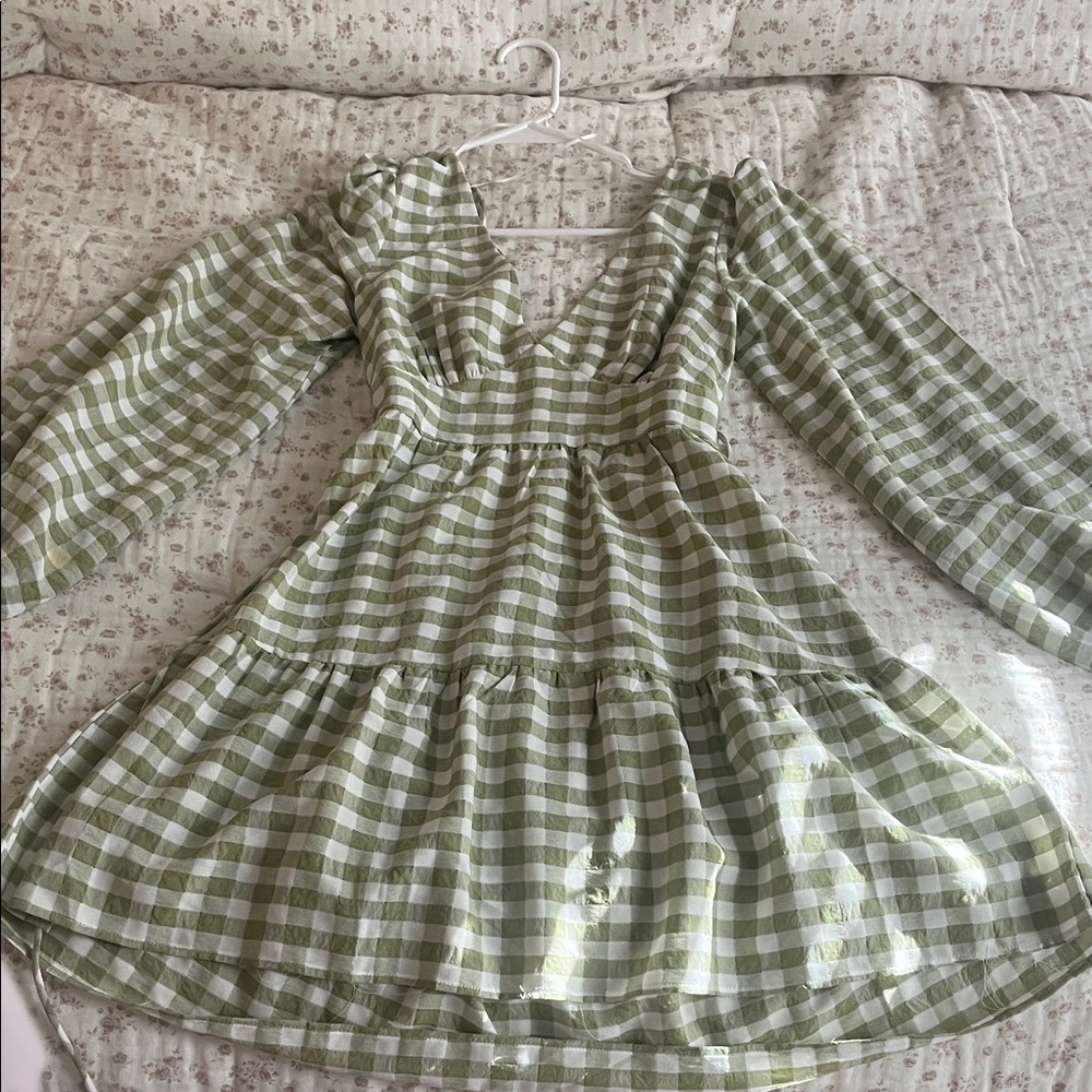 Princess Polly Long Sleeve Mini Dress in Green Gingham